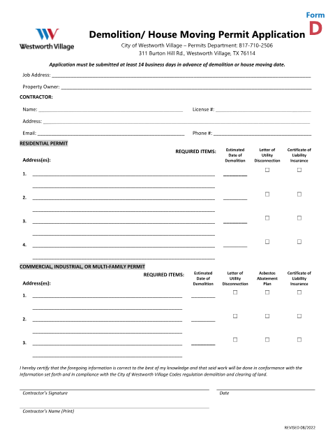 First page of the Demolition / House Moving Permit Application