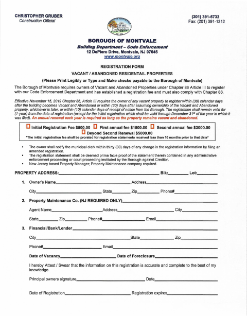 First page of the Vacant and Abandoned Residential Properties Registration Form