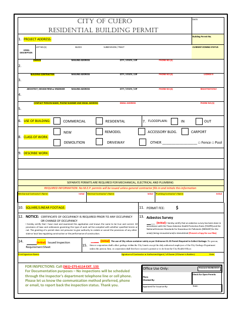 First page of the Residential Building Permit Application
