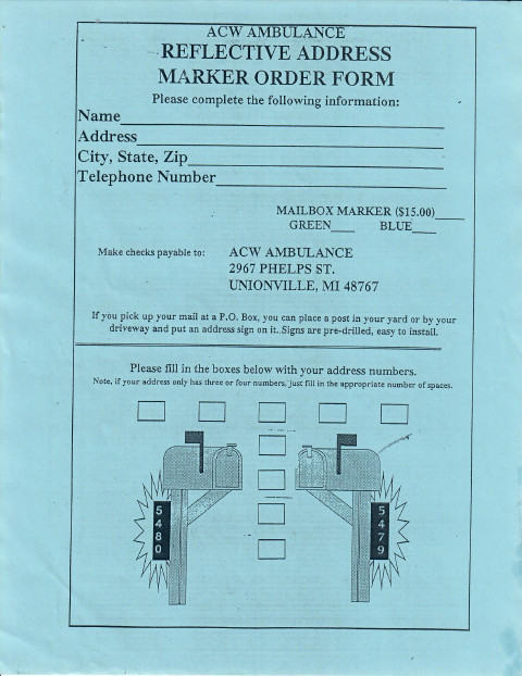 First page of the ACW Ambulance Reflective Address Marker Order Form