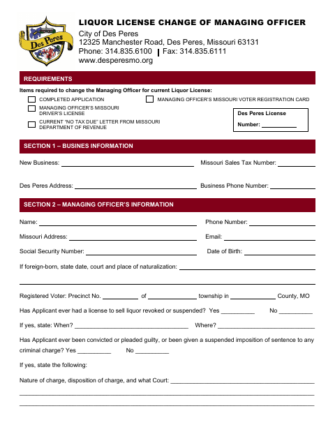 First page of the Liquor License Change of Managing Officer