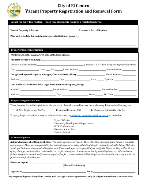 First page of the Vacant Property Registration and Renewal Form