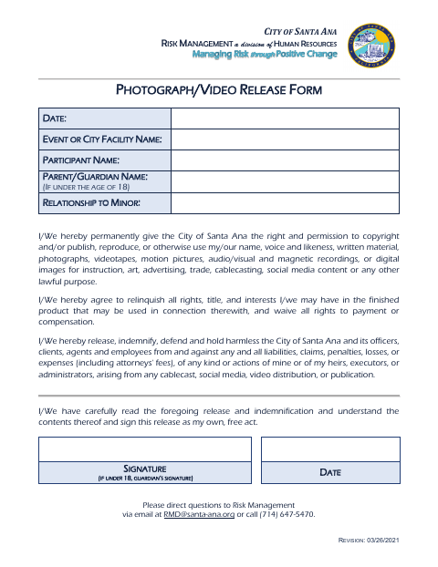 First page of the Photograph/Video Release Form
