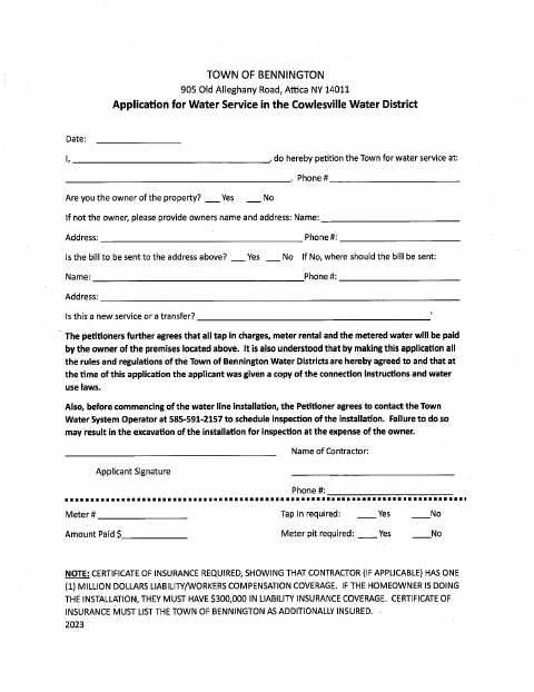 First page of the Water Service Application