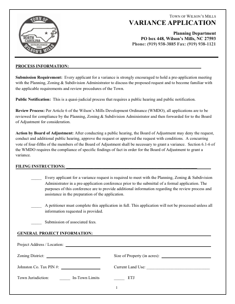 First page of the Variance Application