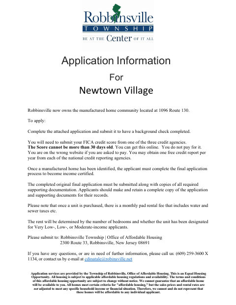 First page of the Newtown Village Preliminary Application