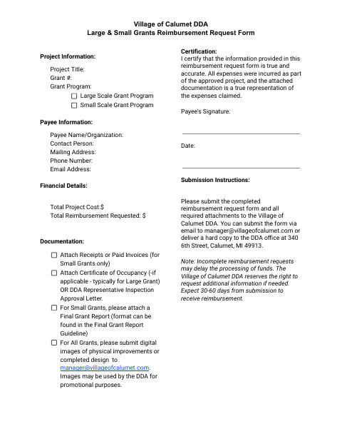 First page of the DDA Large & Small Grants Reimbursement Request Form
