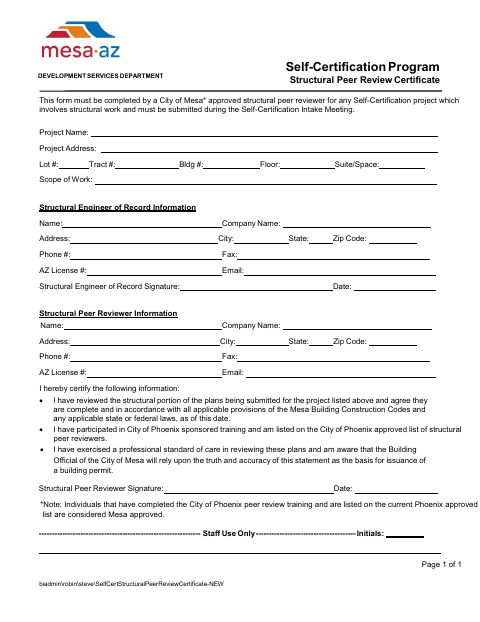 First page of the Structural Peer Review Certificate