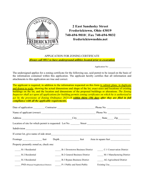 First page of the Application for Zoning Certificate
