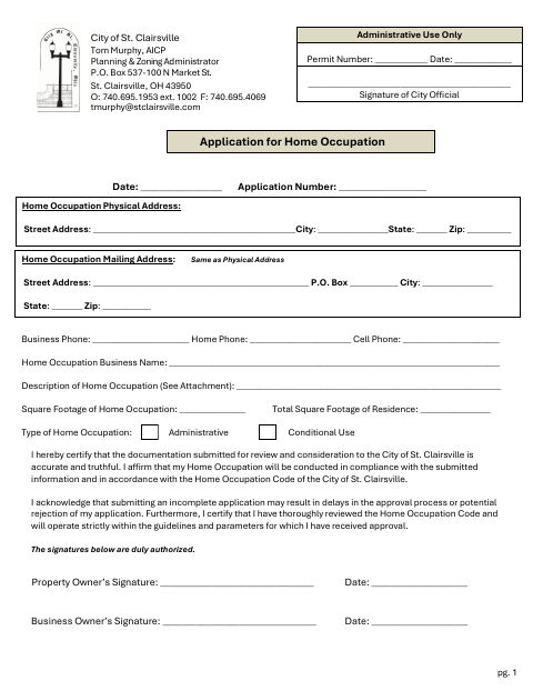 First page of the Home Occupation Application