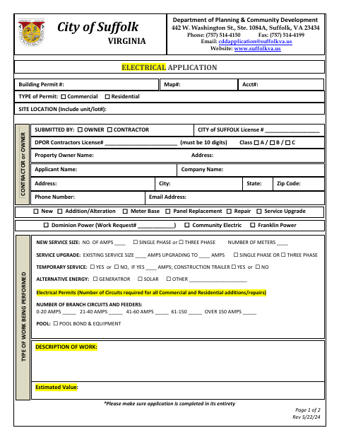 First page of the Electrical Application