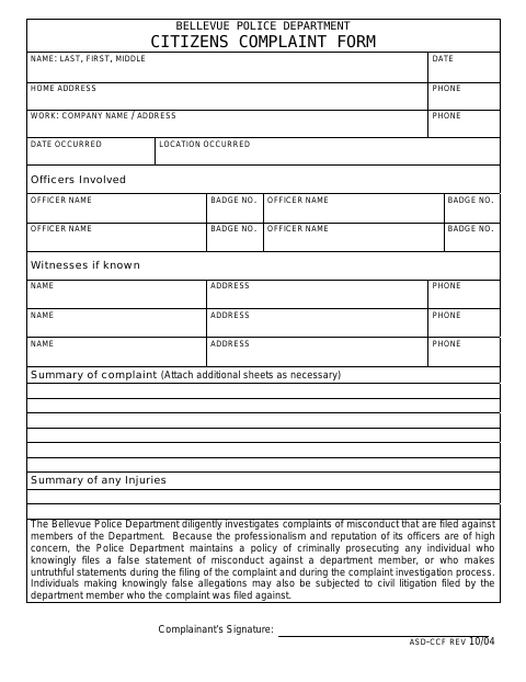 First page of the Citizens Complaint Form