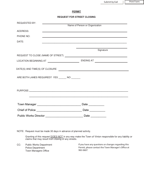 First page of the Permit Request for Street Closing