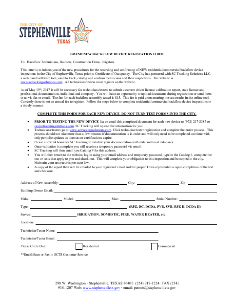 First page of the Brand New Backflow Device Registration Form