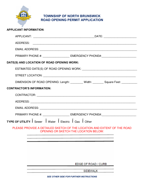 First page of the Road Opening Permit Application