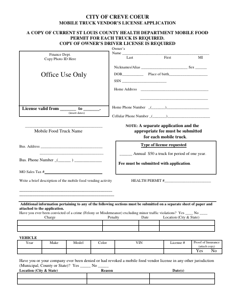 First page of the Mobile Truck Vendor’s License Application