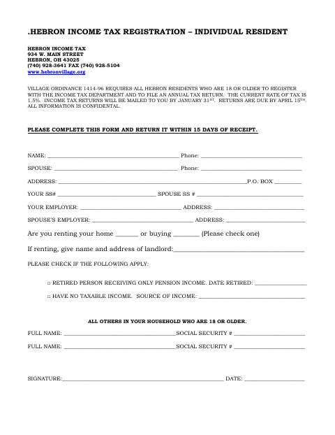 First page of the Income Tax Registration – Individual Resident