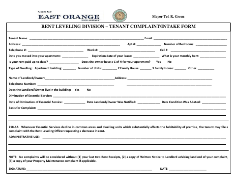First page of the Rent Leveling Tenant Complaint/Intake Form