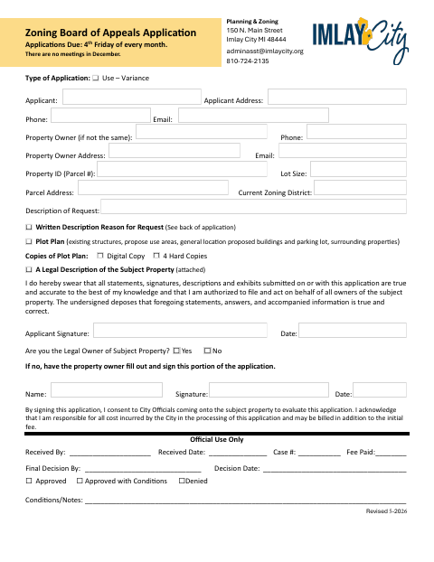 First page of the Zoning Board of Appeals Application