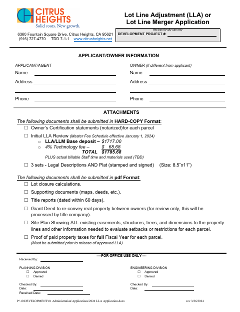 First page of the Lot Line Adjustment or Lot Line Merger Application