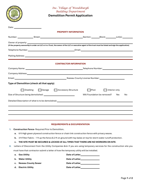 First page of the Demolition Permit Application