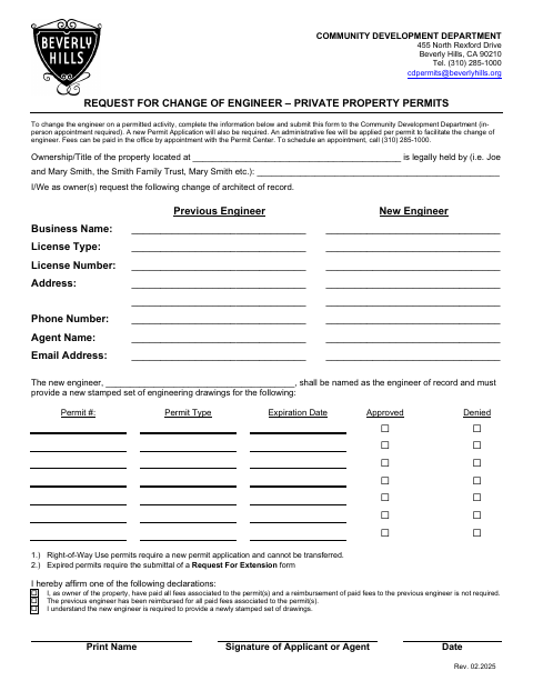 First page of the Request for Change of Engineer