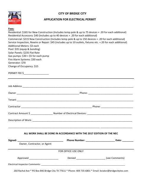 First page of the Application for Electrical Permit
