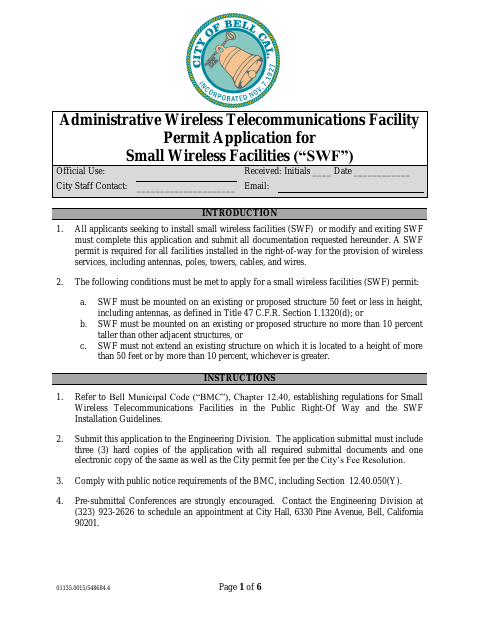 First page of the Small Wireless Facilities Permit Application
