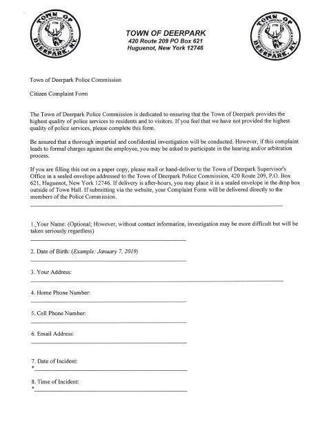 First page of the Police Commission Complaint Form