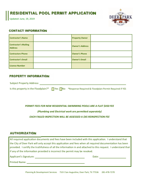 First page of the Residential Pool Permit Application