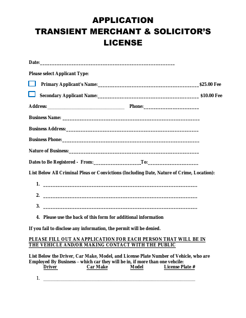 First page of the Transient Merchant & Solicitor's License Application