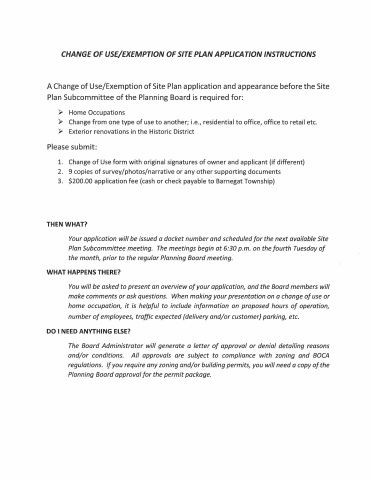 First page of the Change of Use/Exemption of Site Plan Application