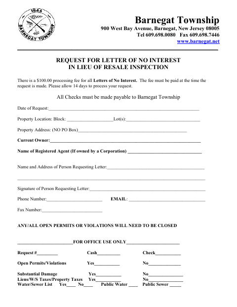 First page of the Request for Letter of No Interest in Lieu of Resale Inspection