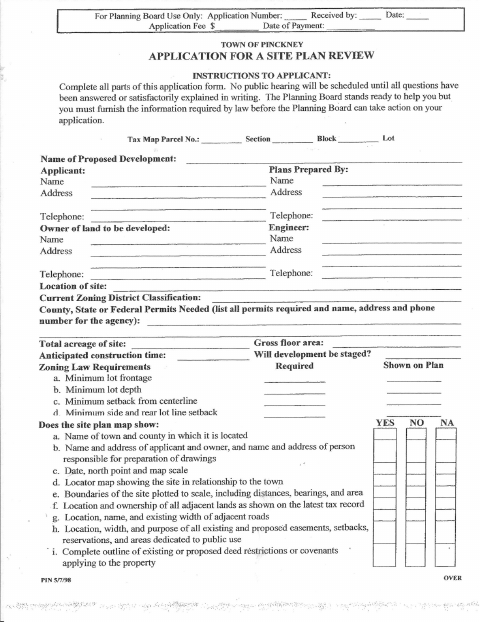 First page of the Application for a Site Plan Review