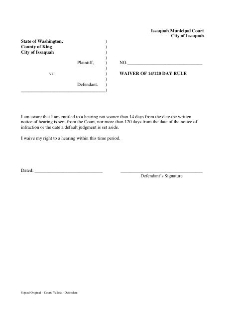 First page of the Waiver of 14/120 Day Rule