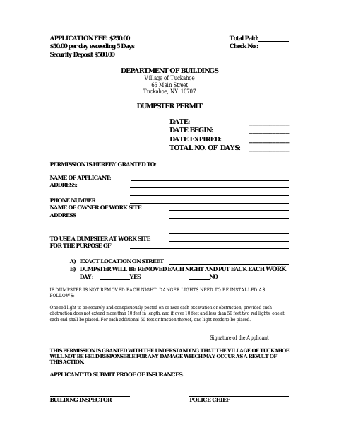 First page of the Dumpster Permit