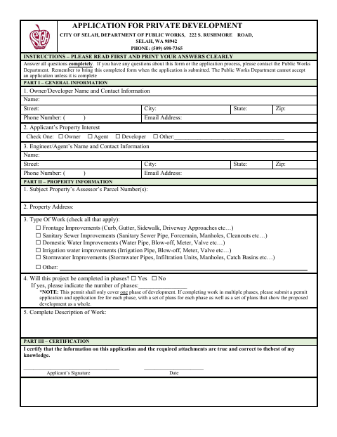 First page of the Application for Private Development