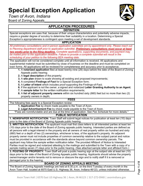 First page of the Special Exception Application