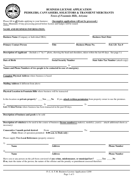 First page of the Business License Application for Peddlers, Canvassers, Solicitors & Transient Merchants