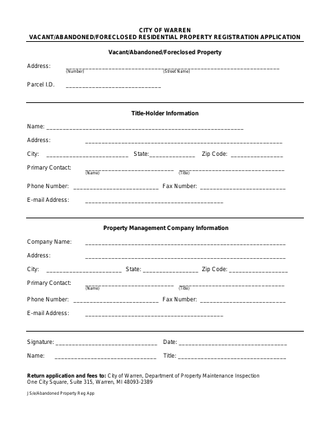 First page of the Vacant Property Registration Application