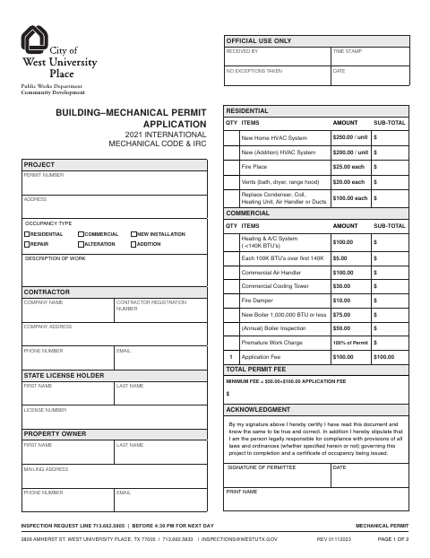 First page of the Building–Mechanical Permit Application