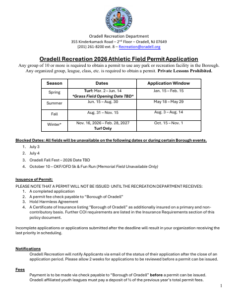 First page of the 2026 Athletic Field Permit Application