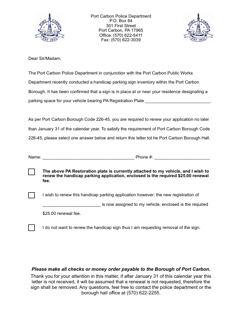 First page of the Handicap Sign Renewal Letter