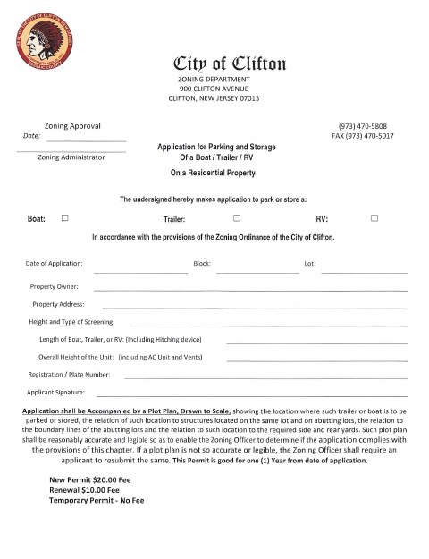 First page of the Application for Parking and Storage