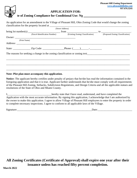 First page of the Application for Certificate of Zoning Compliance for Conditional Use