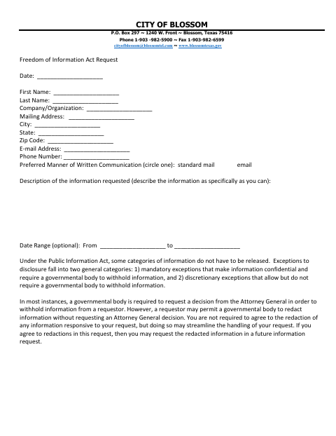 First page of the Freedom of Information Act Request