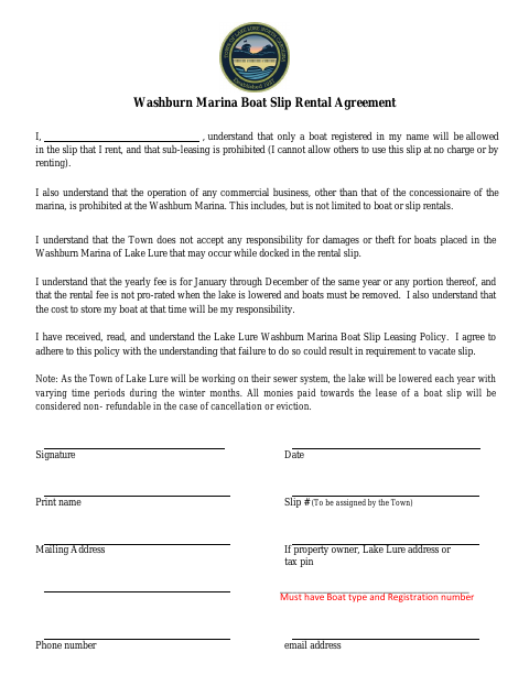 First page of the Washburn Marina Boat Slip Rental Agreement