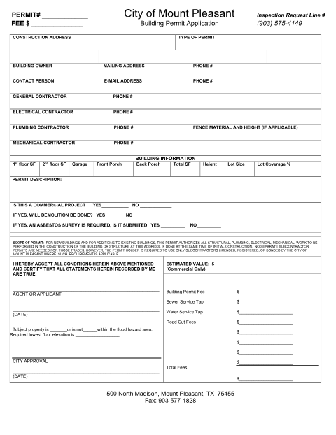 First page of the Construction Permit Application
