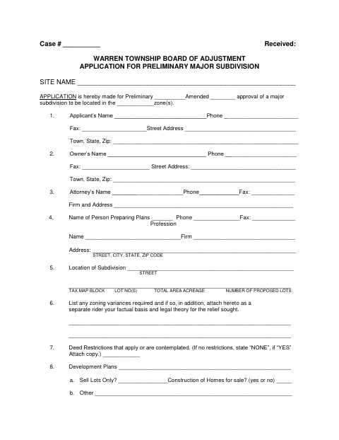 First page of the Preliminary Major Subdivision Application