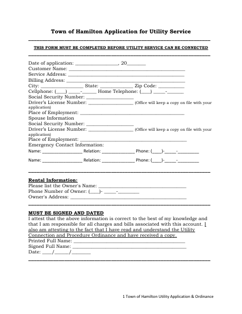 First page of the Application for Utility Service